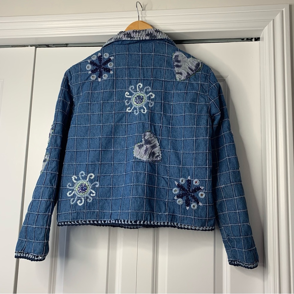 Blue Bayou Patchwork Embroidered Crochet Beaded Boho Denm jacket Women Size US S - Picture 11 of 16